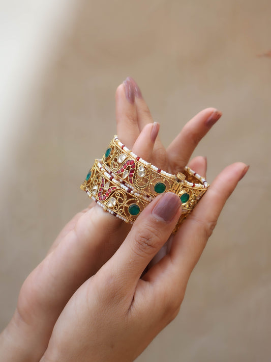 Ash Red-Green Kundan Bangles - Pair of 2
