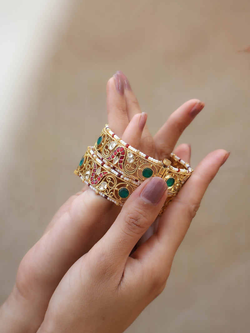Ash Red-Green Kundan Bangles - Pair of 2