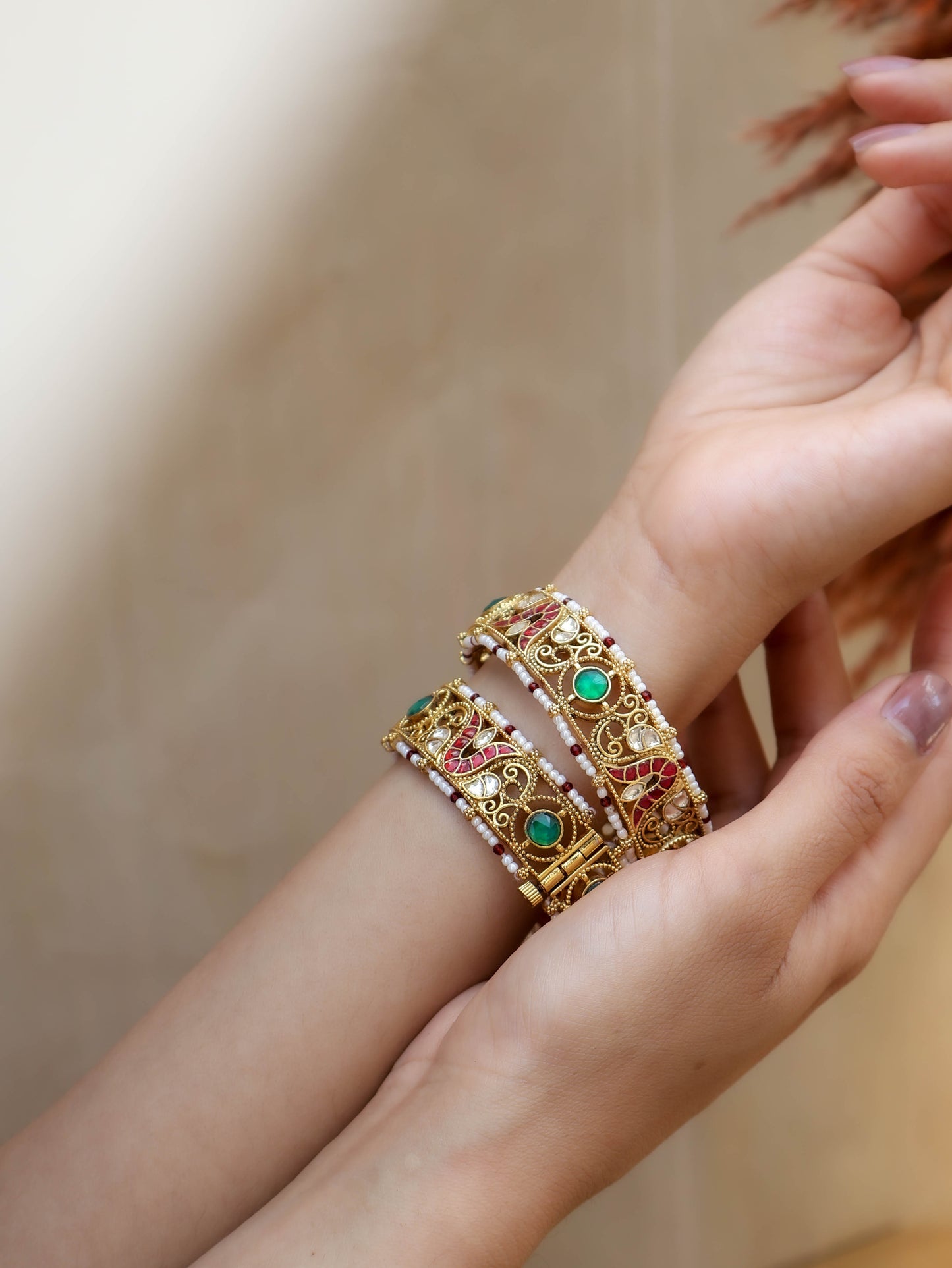 Ash Red-Green Kundan Bangles - Pair of 2