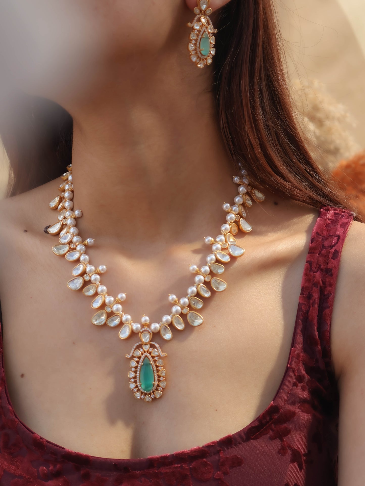 Maha Mint Green Polki Necklace Set