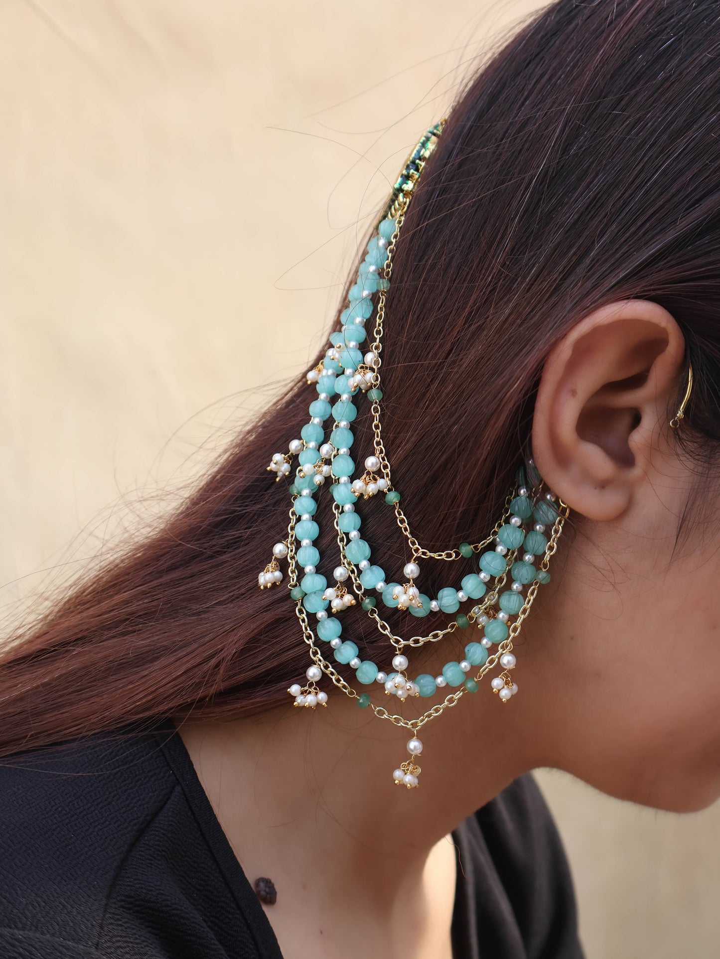 Nimrat Meenakari Mint Green Ear Chain & Hair Accessory