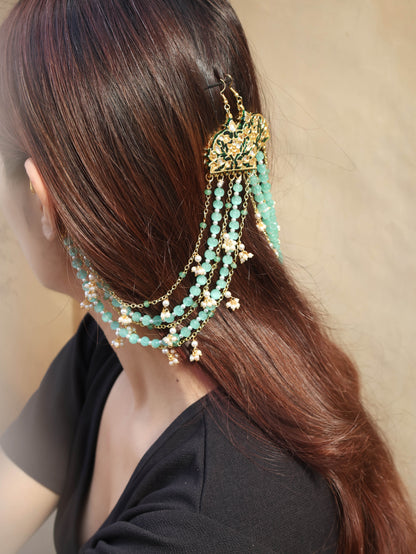 Nimrat Meenakari Mint Green Ear Chain & Hair Accessory