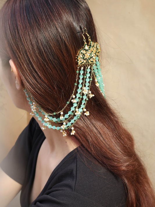 Nimrat Meenakari Mint Green Ear Chain & Hair Accessory