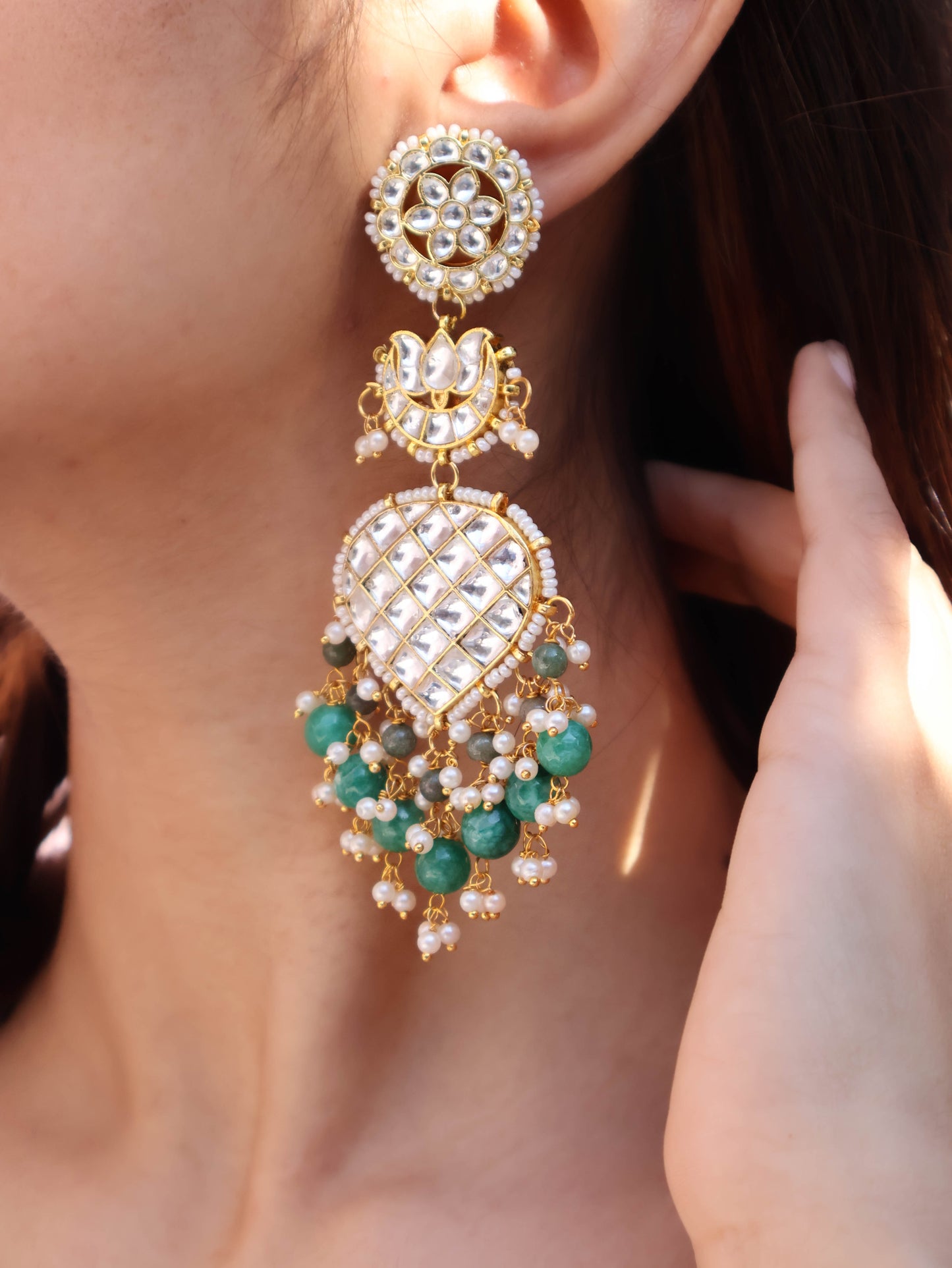 Suwarn Kundan Green Chandbali Earrings