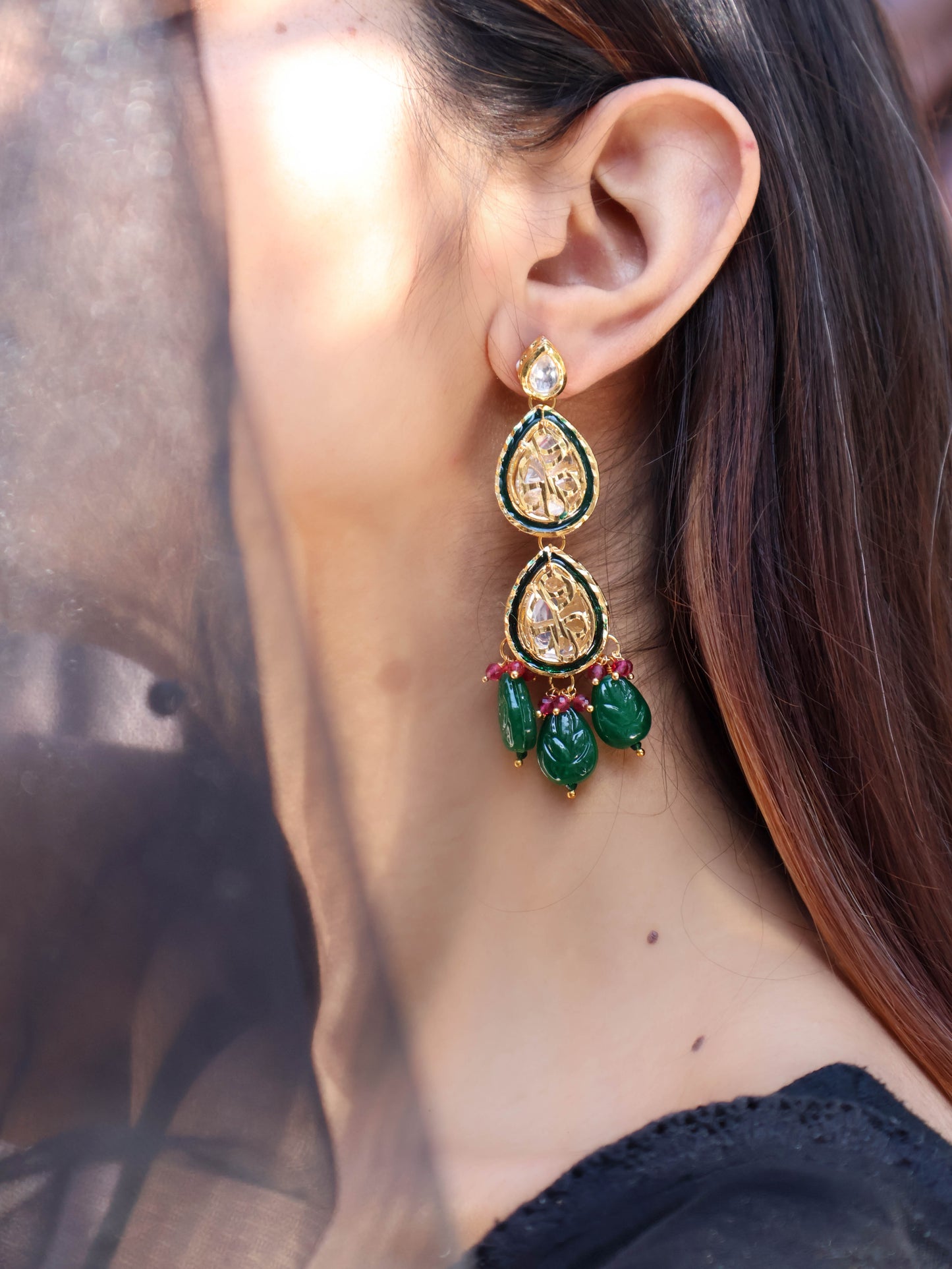 Shira Kundan Green Earrings