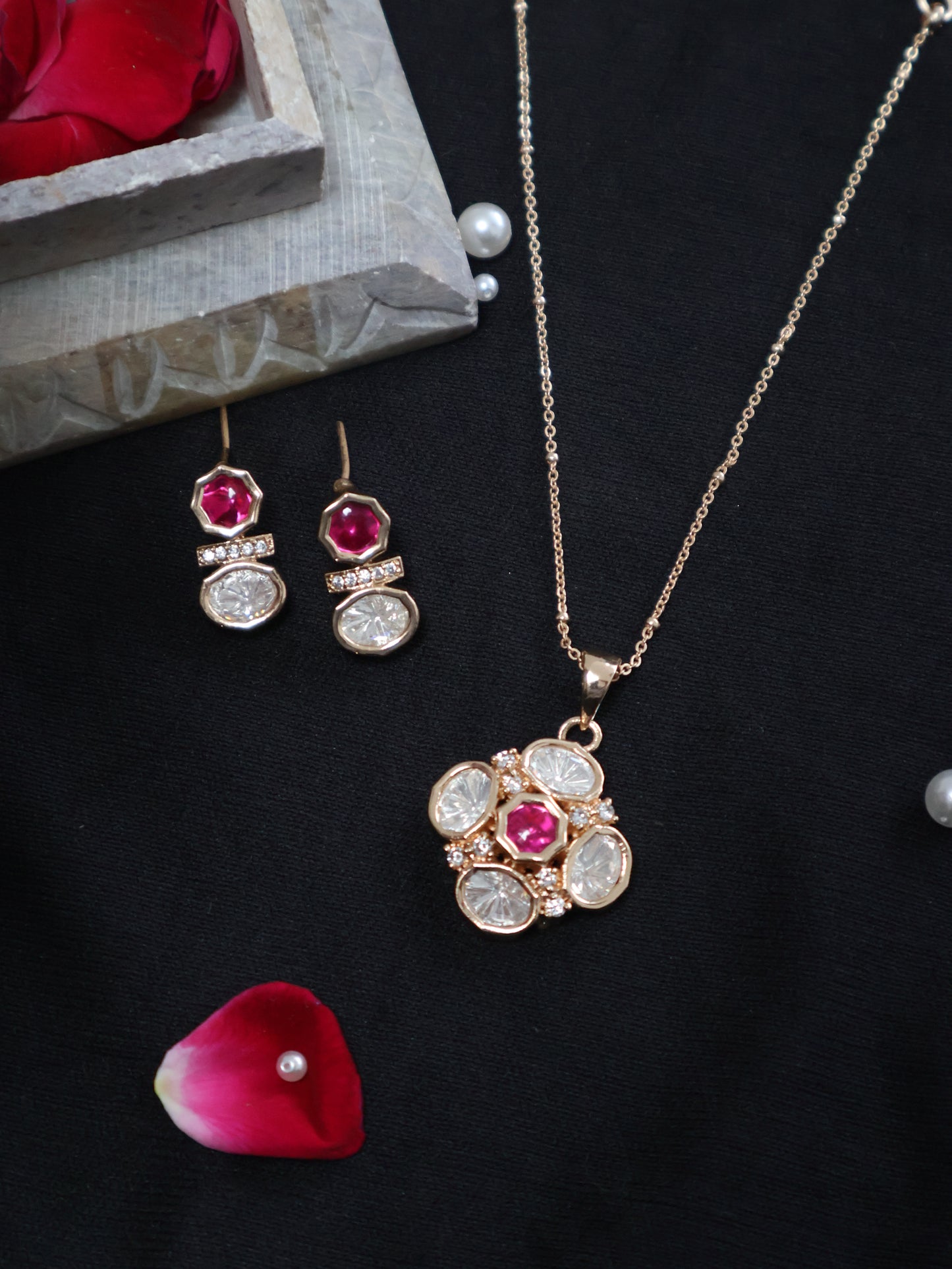 Eshal Polki Pink Pendant Necklace Set