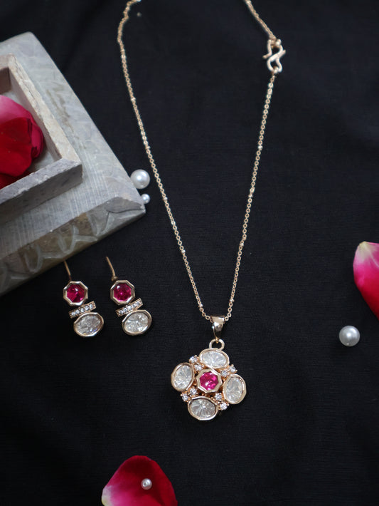 Eshal Polki Pink Pendant Necklace Set