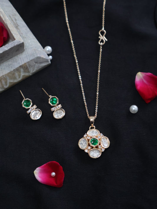 Eshal Polki Green Pendant Necklace Set