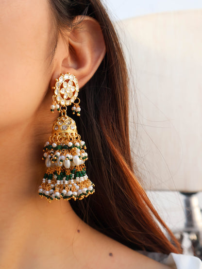 Sifra Green Kundan Jhumka Earrings