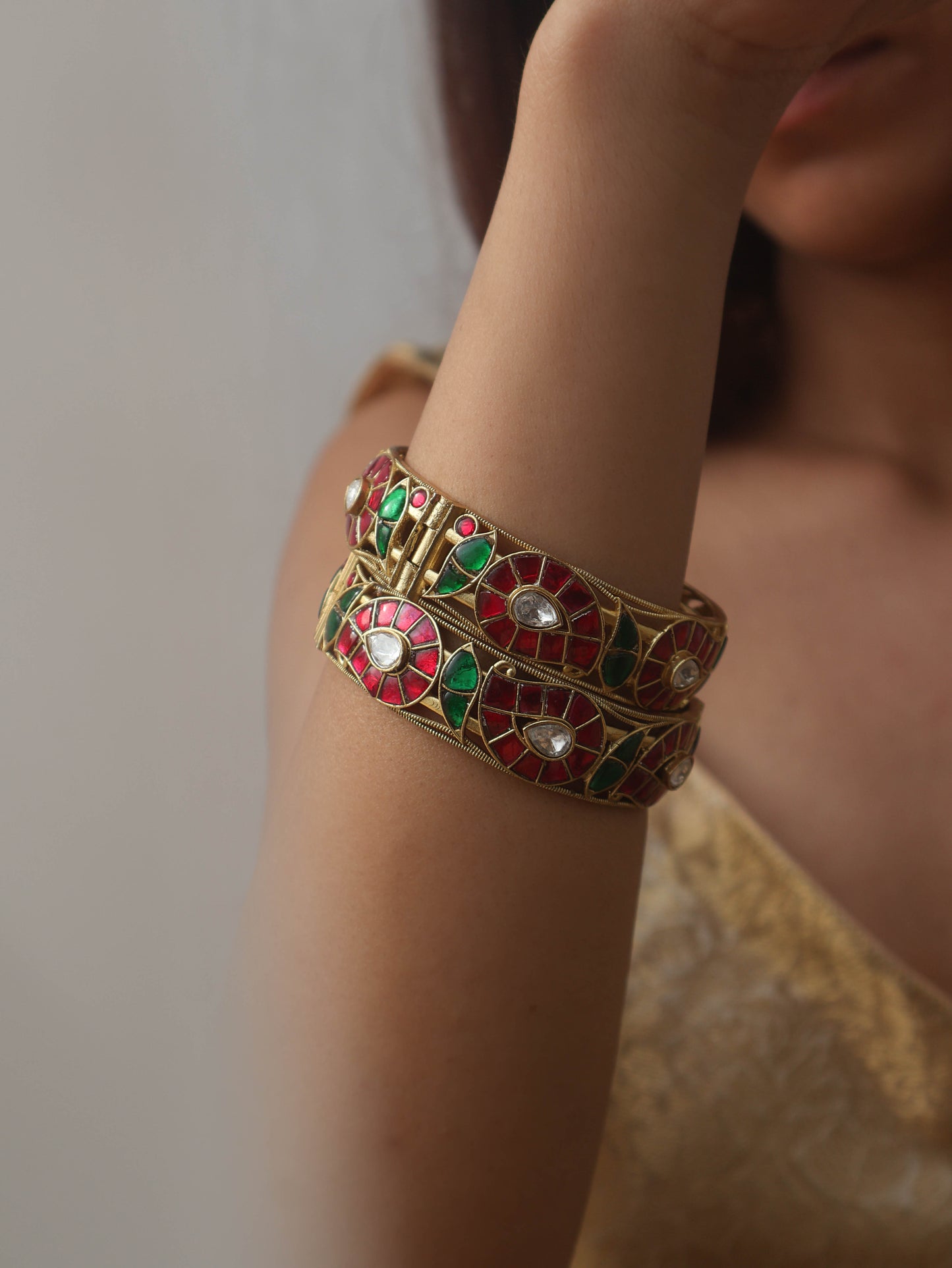 Naira Red-Green Kundan Bangles - Pair of 2