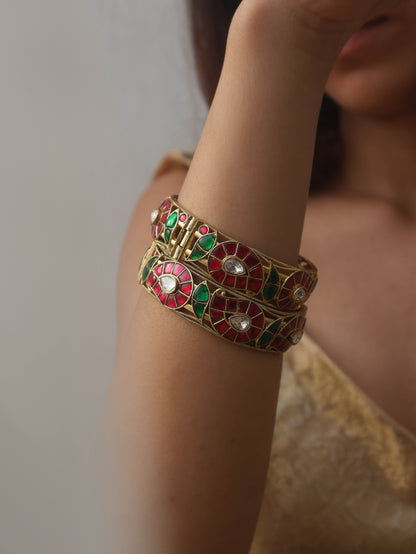 Naira Red-Green Kundan Bangles - Pair of 2