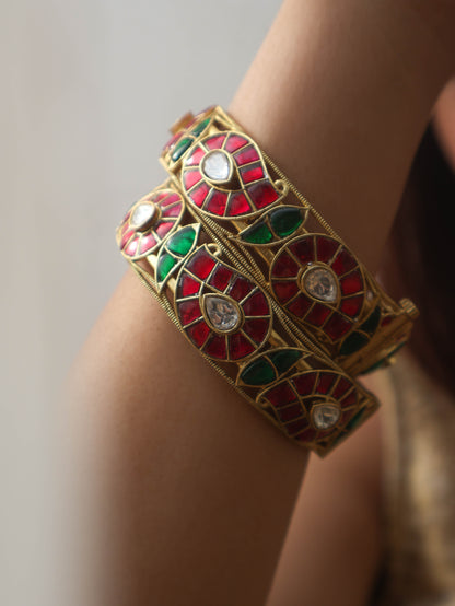 Naira Red-Green Kundan Bangles - Pair of 2