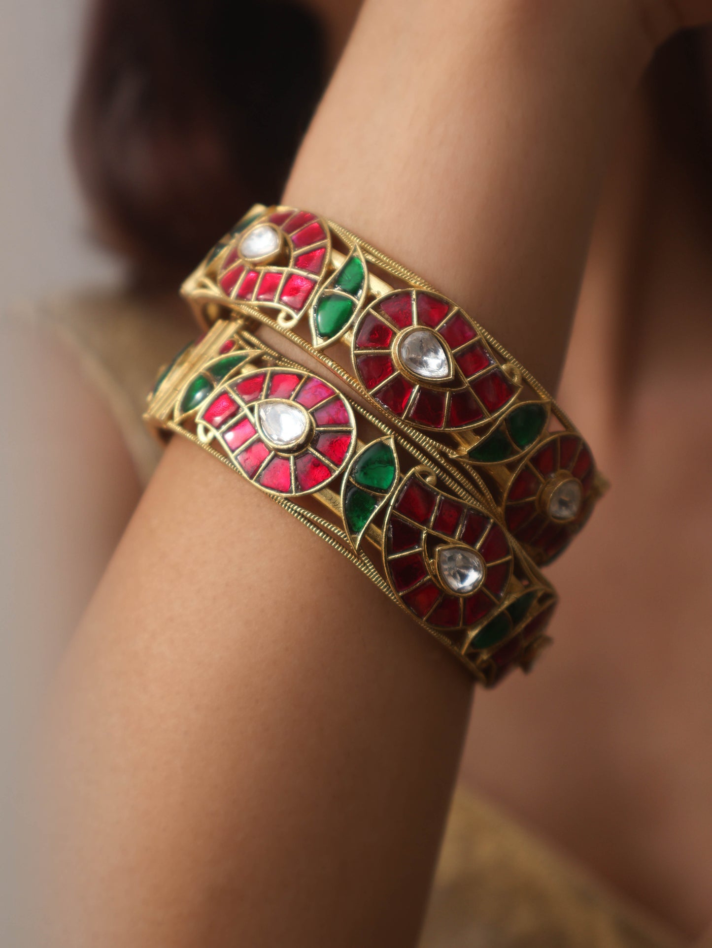 Naira Red-Green Kundan Bangles - Pair of 2