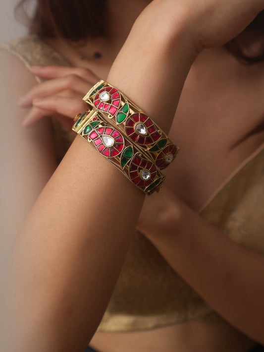 Naira Red-Green Kundan Bangles - Pair of 2