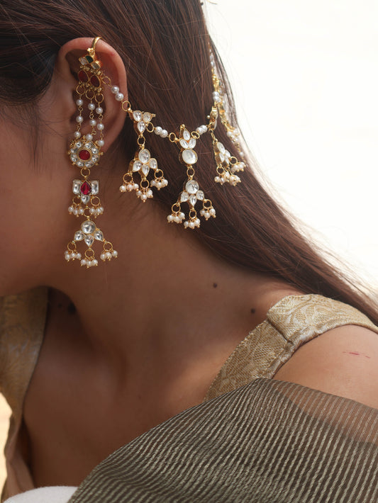 Visha Red Kundan Earchain Earrings