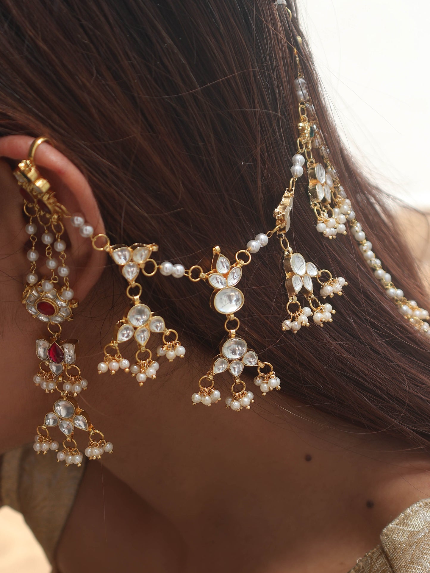 Visha Red Kundan Earchain Earrings