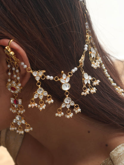 Visha Red Kundan Earchain Earrings