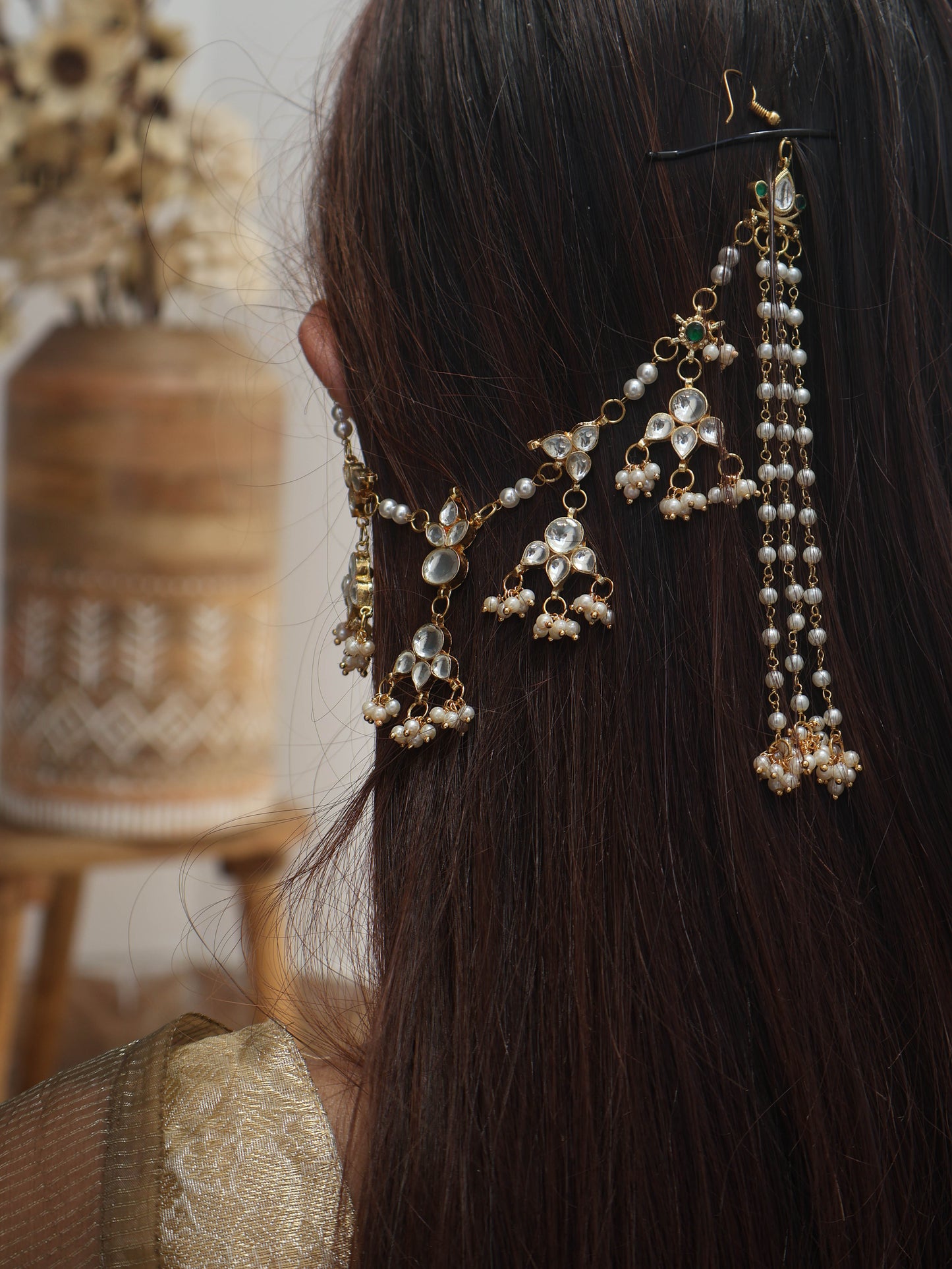 Visha Red Kundan Earchain Earrings