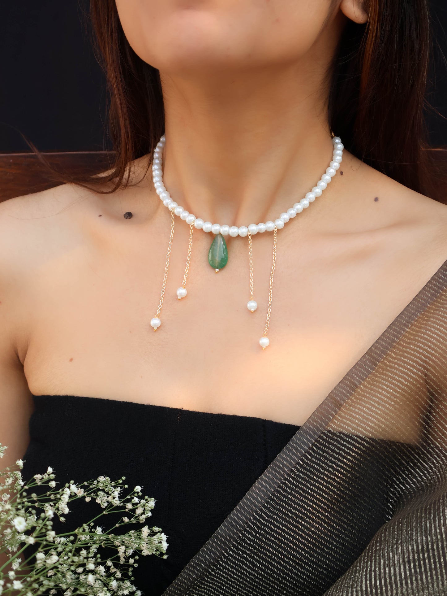 Zoe Pearls Green Drop Necklace