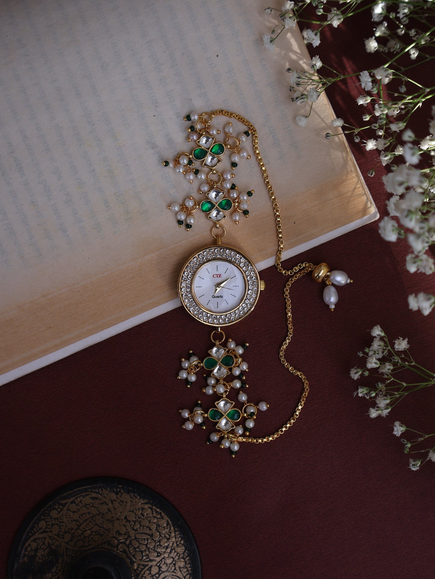 Sukh Green & Orange Kundan Wrist Watch