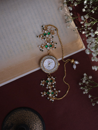 Sukh Green & Orange Kundan Wrist Watch