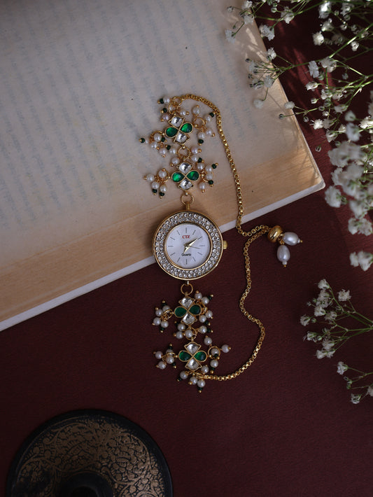 Sukh Green & Orange Kundan Wrist Watch