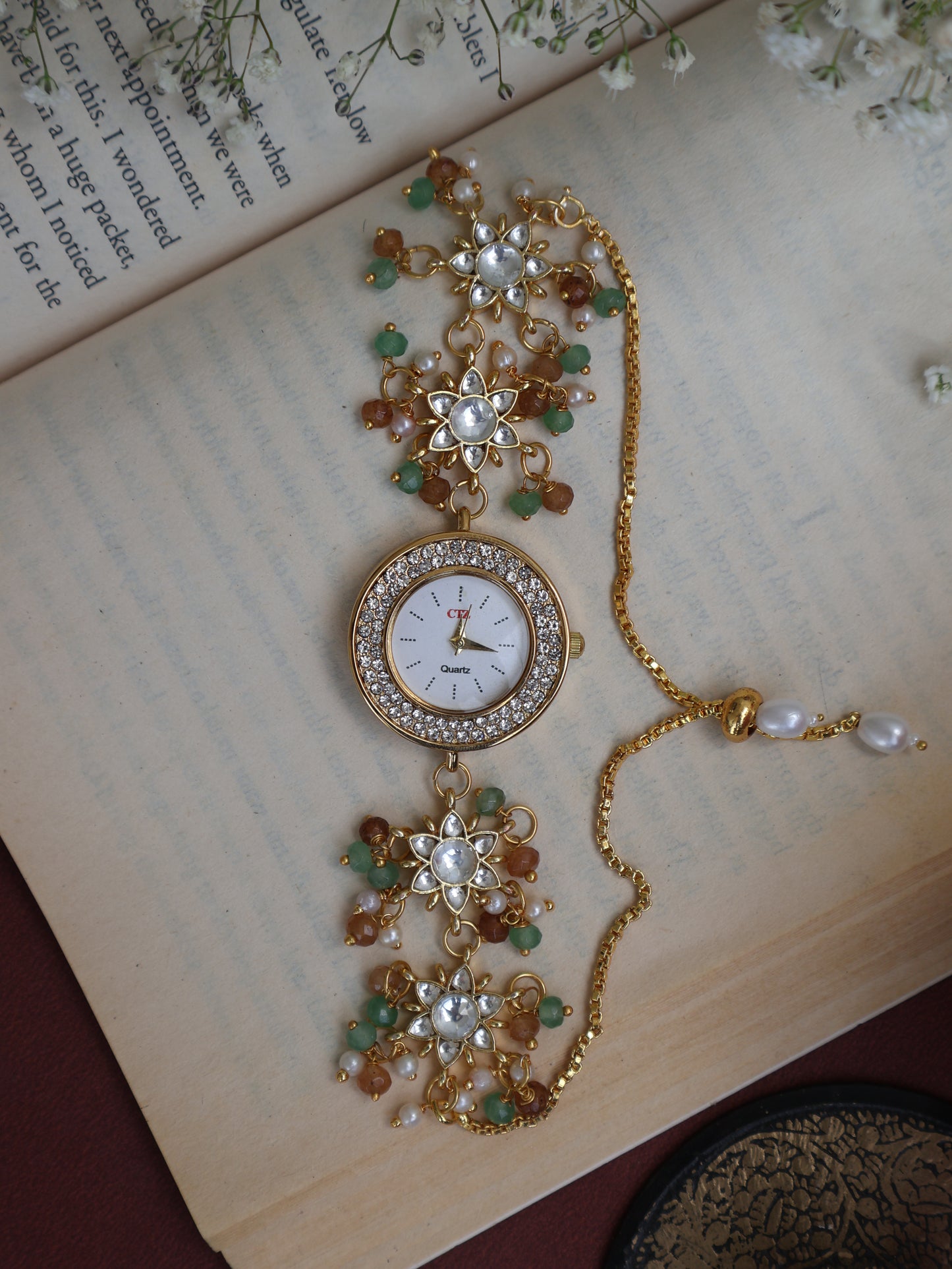 Sukh Green & Orange Kundan Wrist Watch