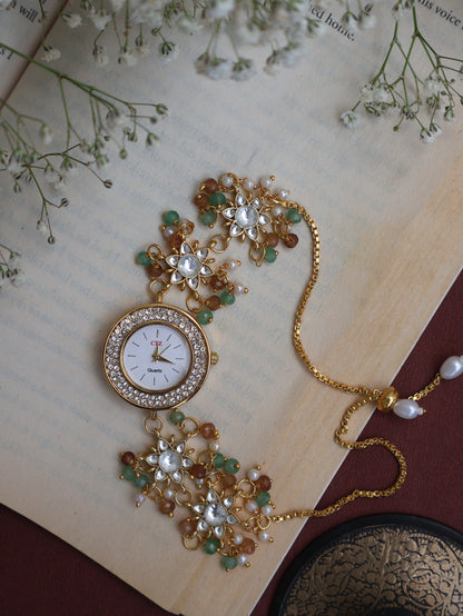 Sukh Green & Orange Kundan Wrist Watch