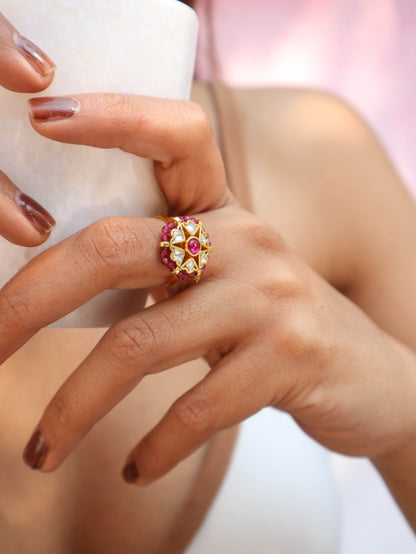 Lamra Pink Floral Kundan Ring