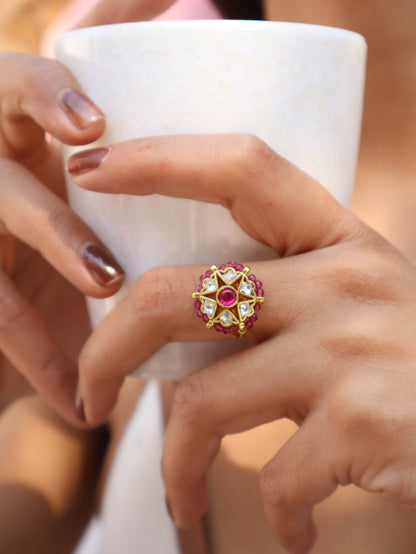 Lamra Pink Floral Kundan Ring