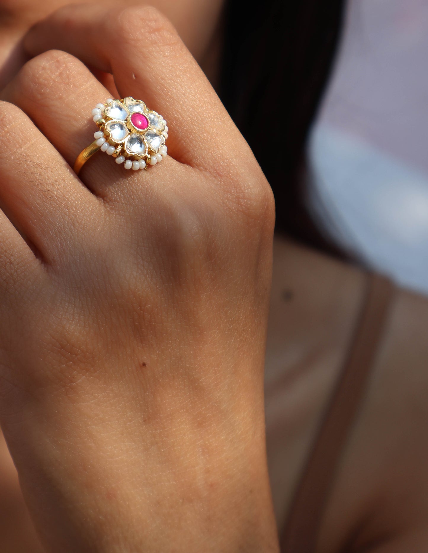 Pasha Pink Floral Kundan Ring