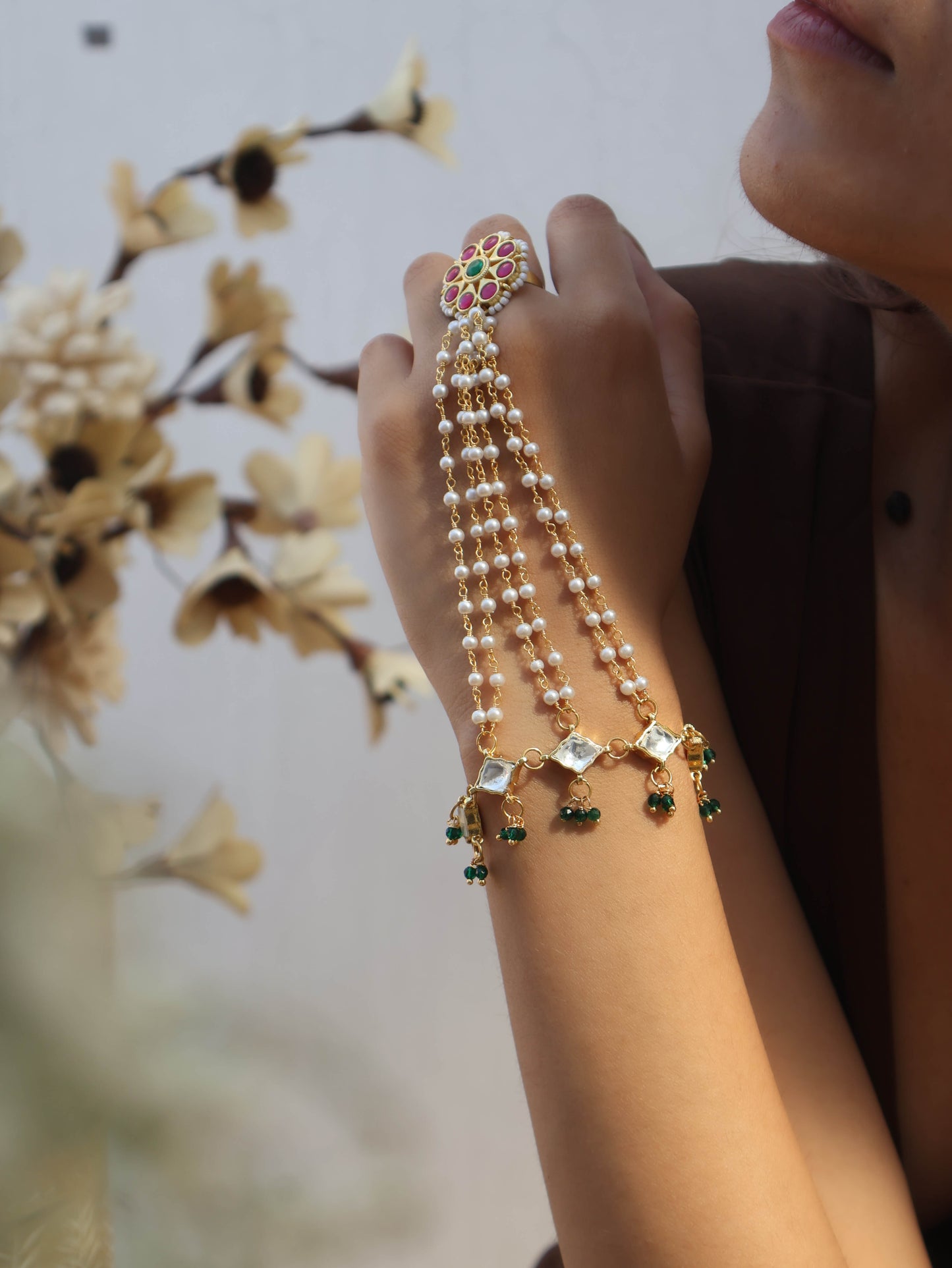 Emily Kundan Red-Green Hathphool