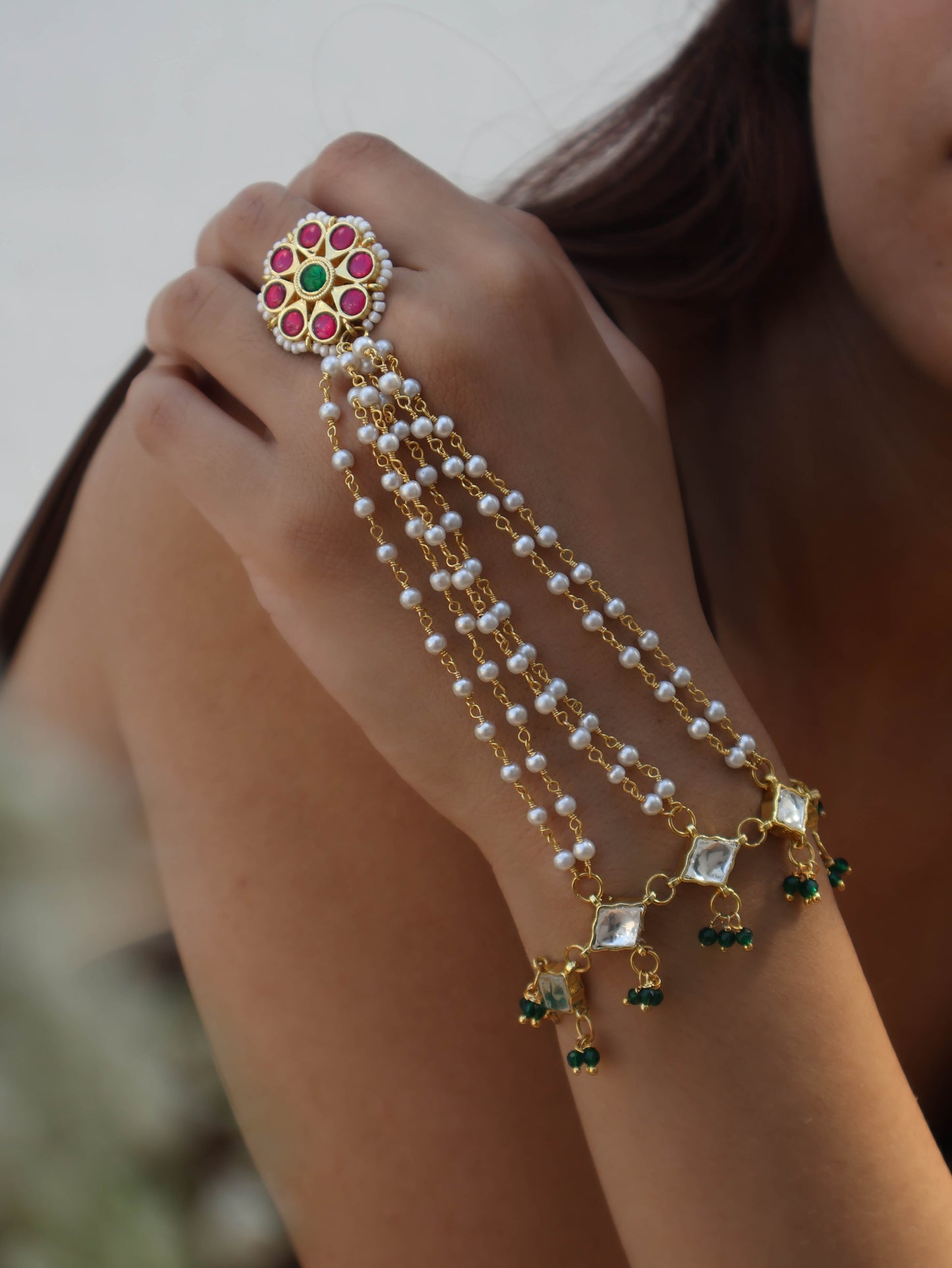 Emily Kundan Red-Green Hathphool