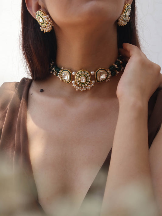 Mubina Green Polki Necklace Set