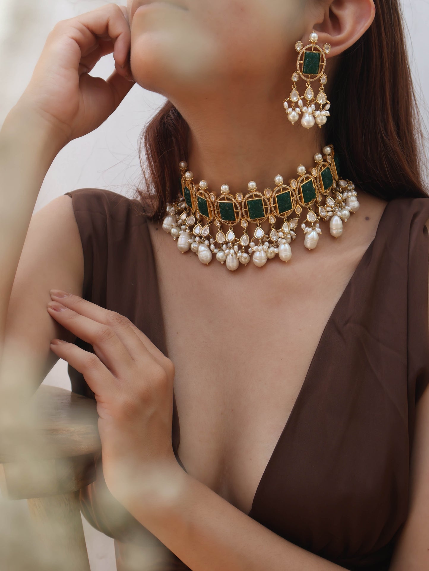Rania Green Polki Pearl Necklace
