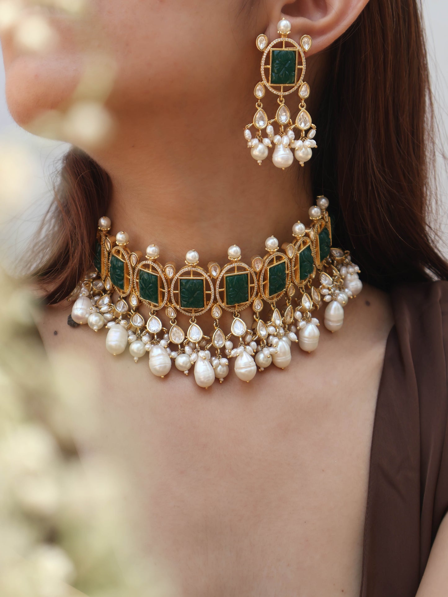 Rania Green Polki Pearl Necklace