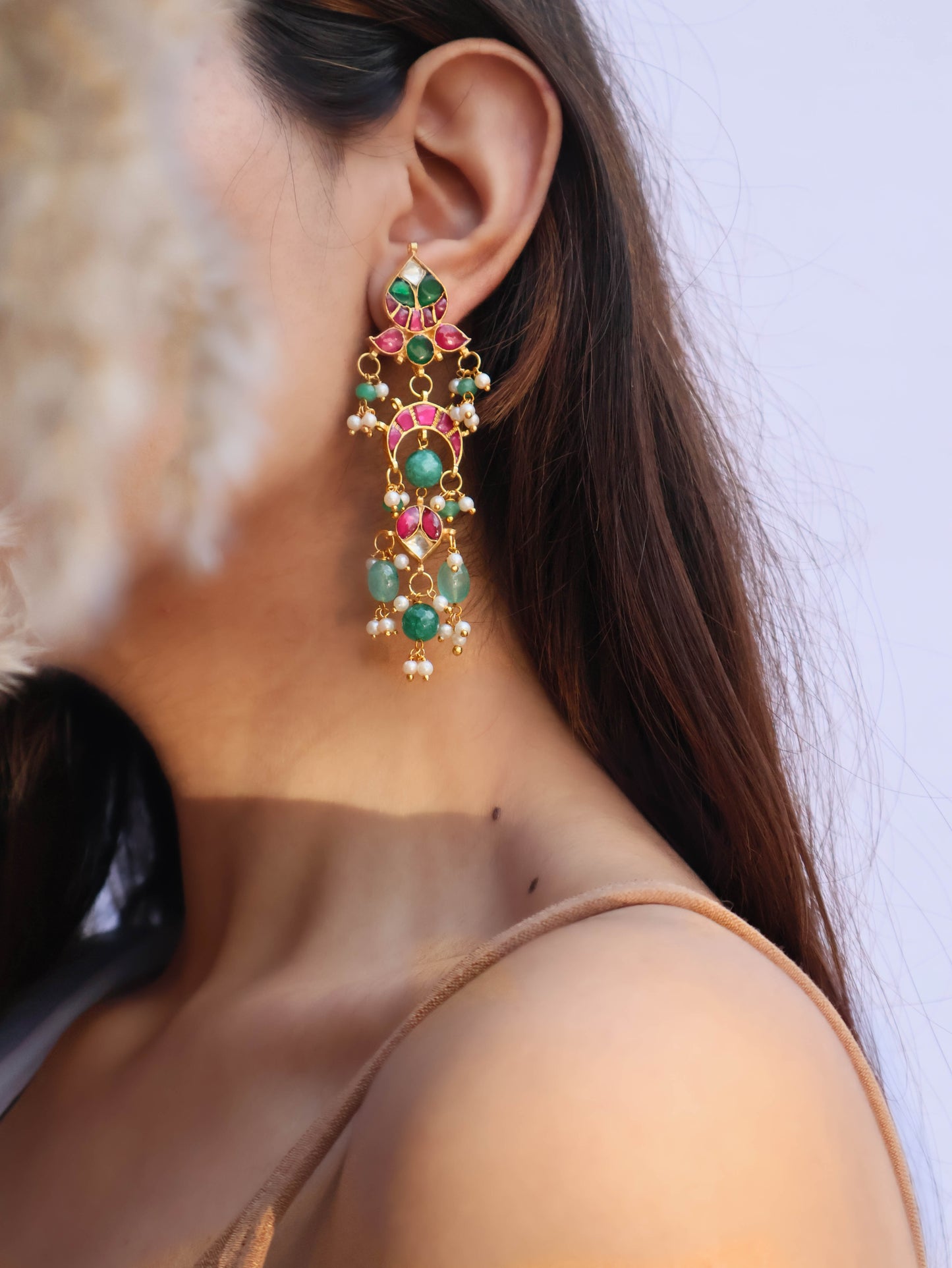 Laiba Pink and Green Kundan Earrings