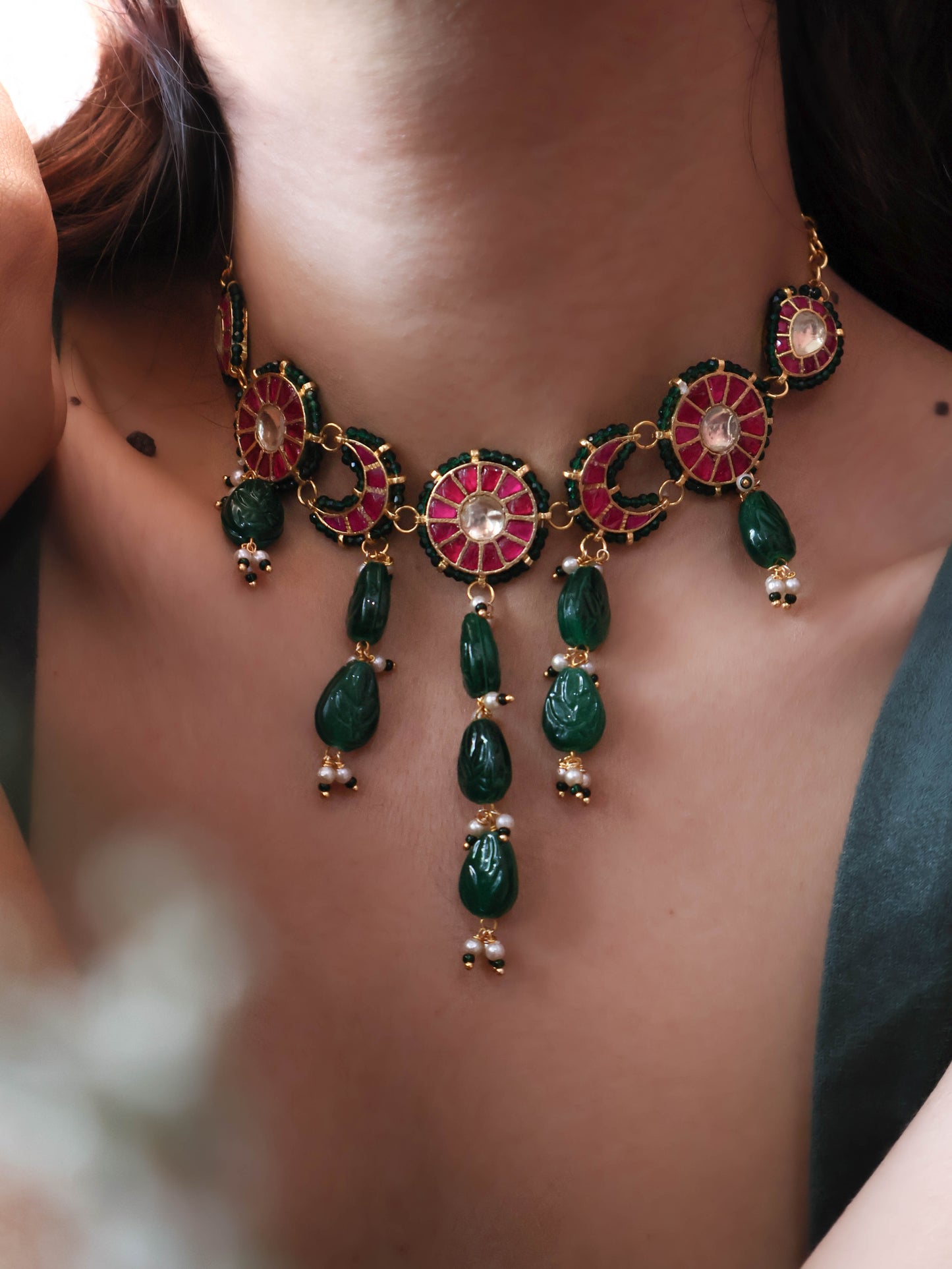 Sujah Red-Green Kundan Necklace