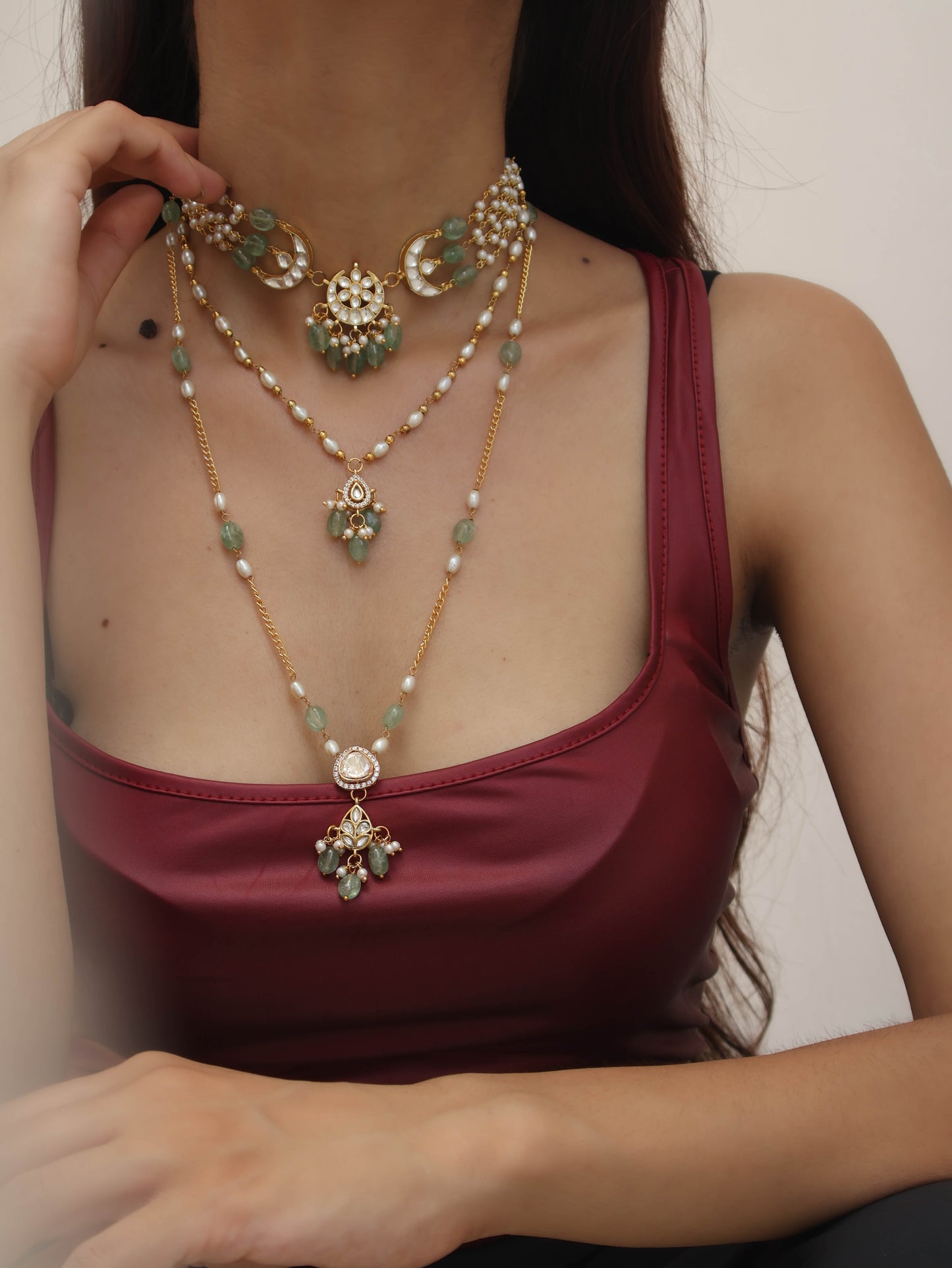 Mohak Kundan Mint Multilayered Necklace
