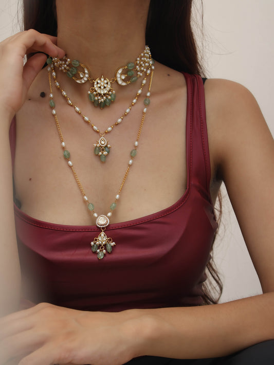 Mohak Kundan Mint Multilayered Necklace