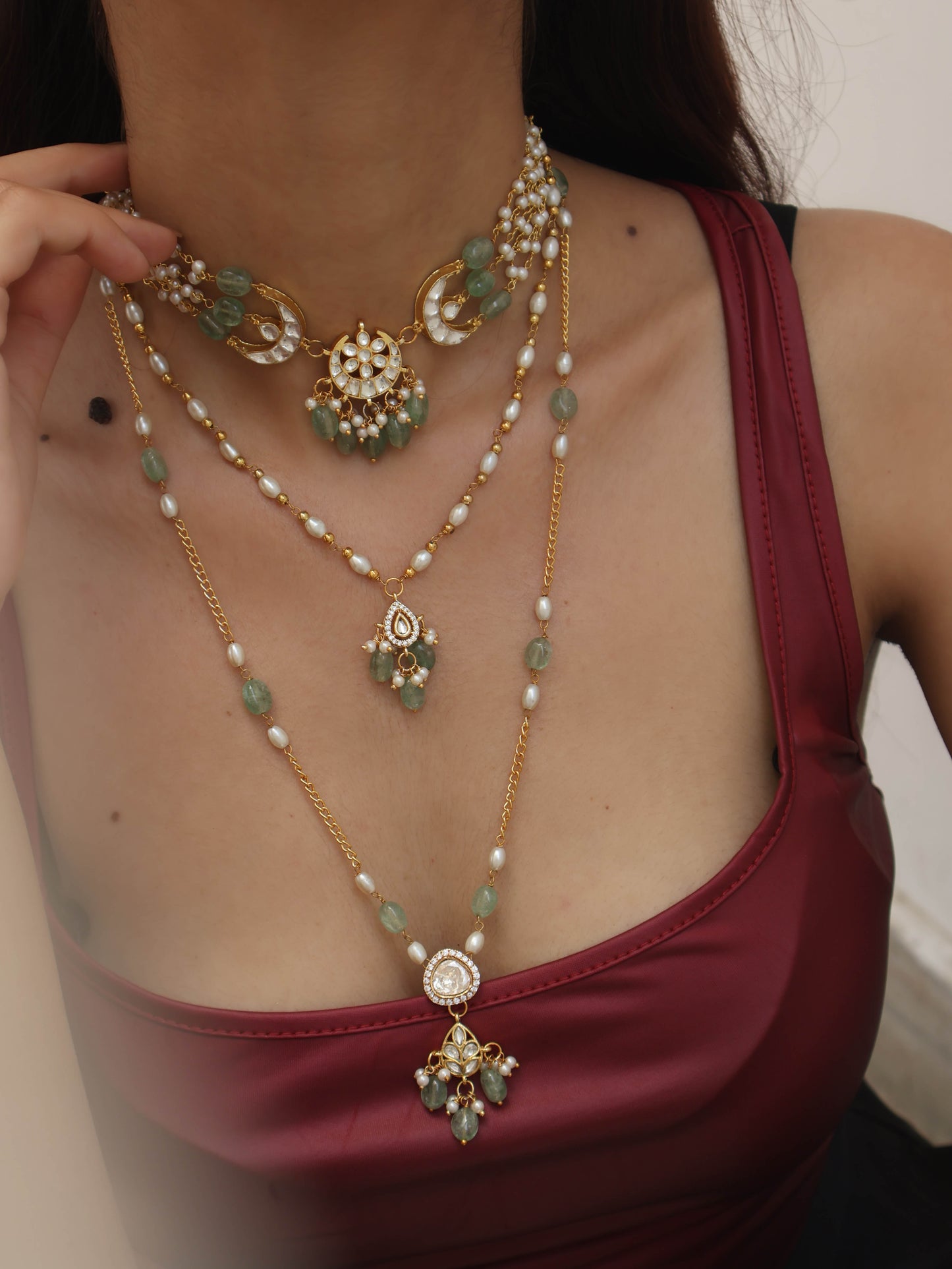Mohak Kundan Mint Multilayered Necklace