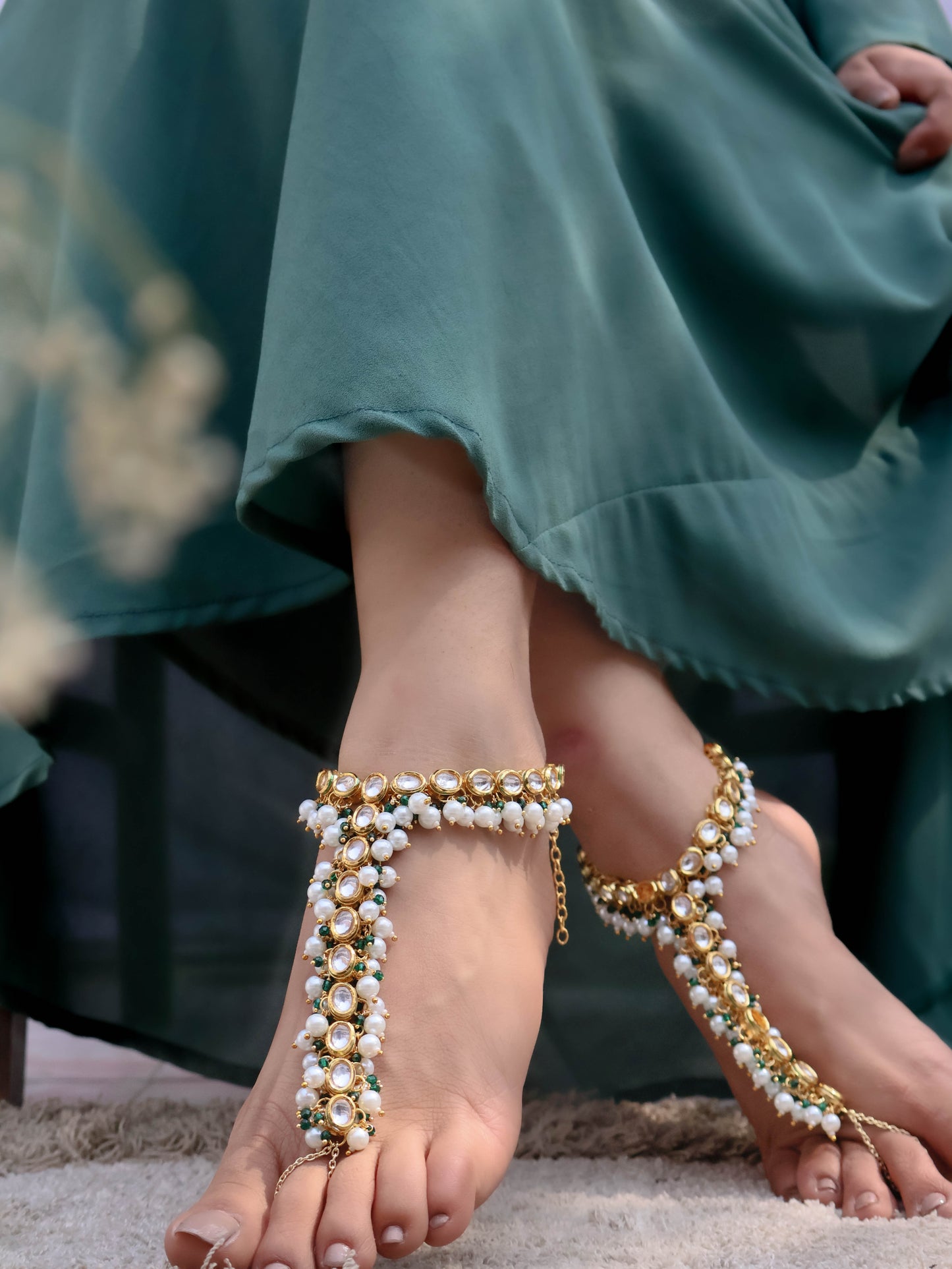 Alma Kundan Green Anklets- Pair of 2