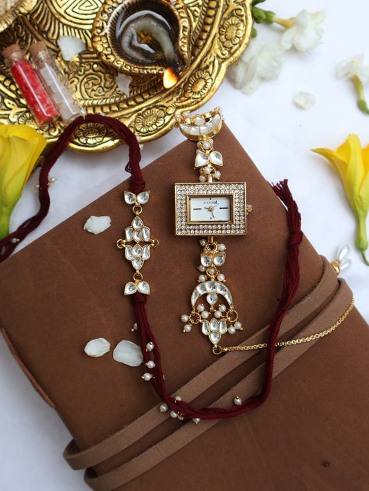Shewet Kundan Rakhi & Wrist Watch Set
