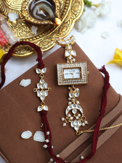 Shewet Kundan Rakhi & Wrist Watch Set