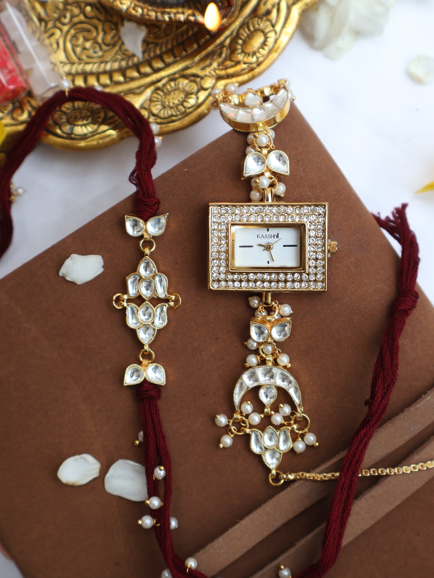 Shewet Kundan Rakhi & Wrist Watch Set