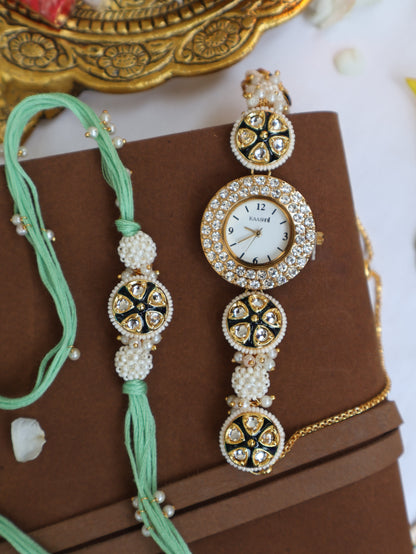 Ishita Pearl Rakhi & Wrist Watch Set