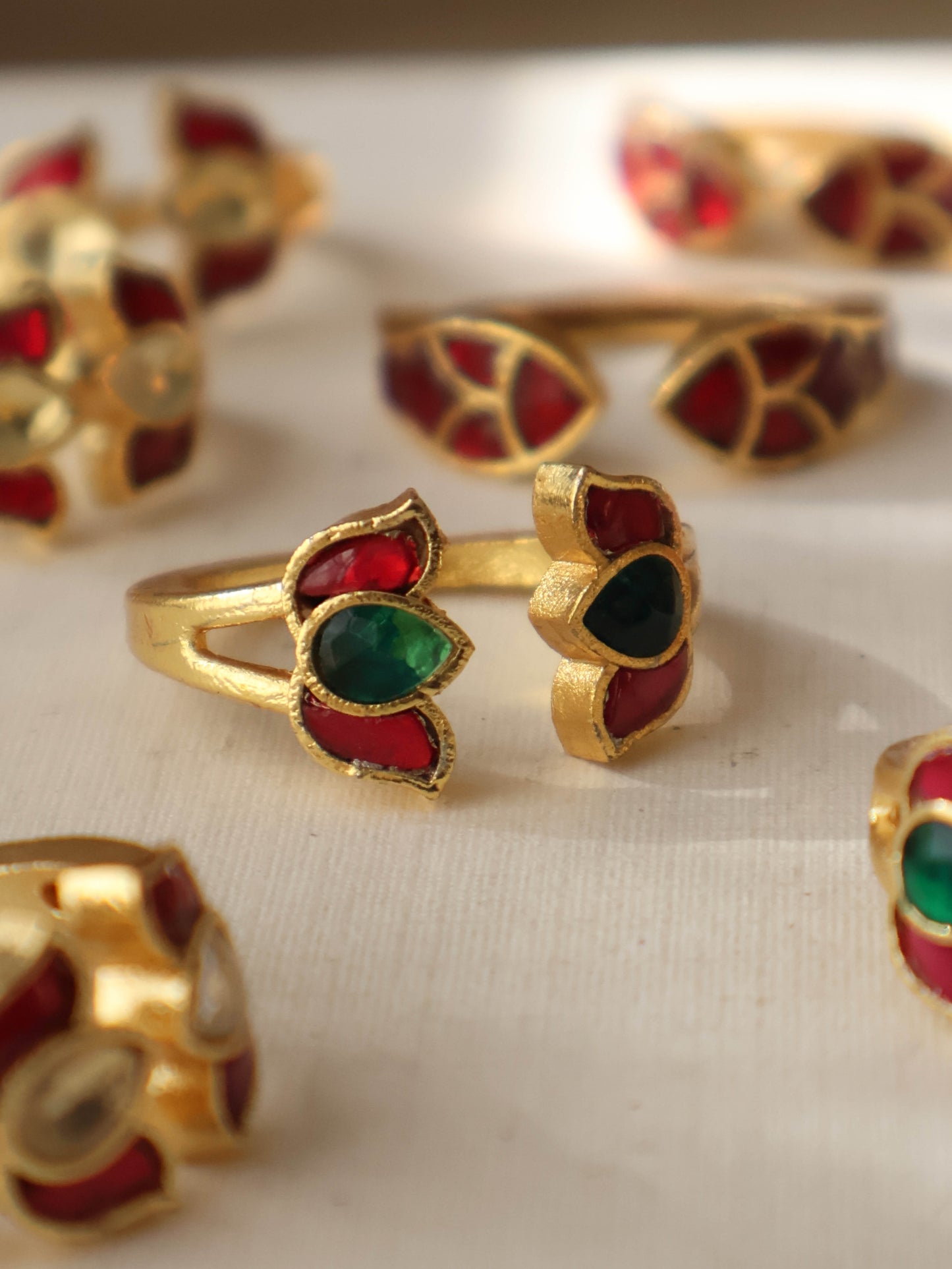 Pushp Green-Red Kundan Ring