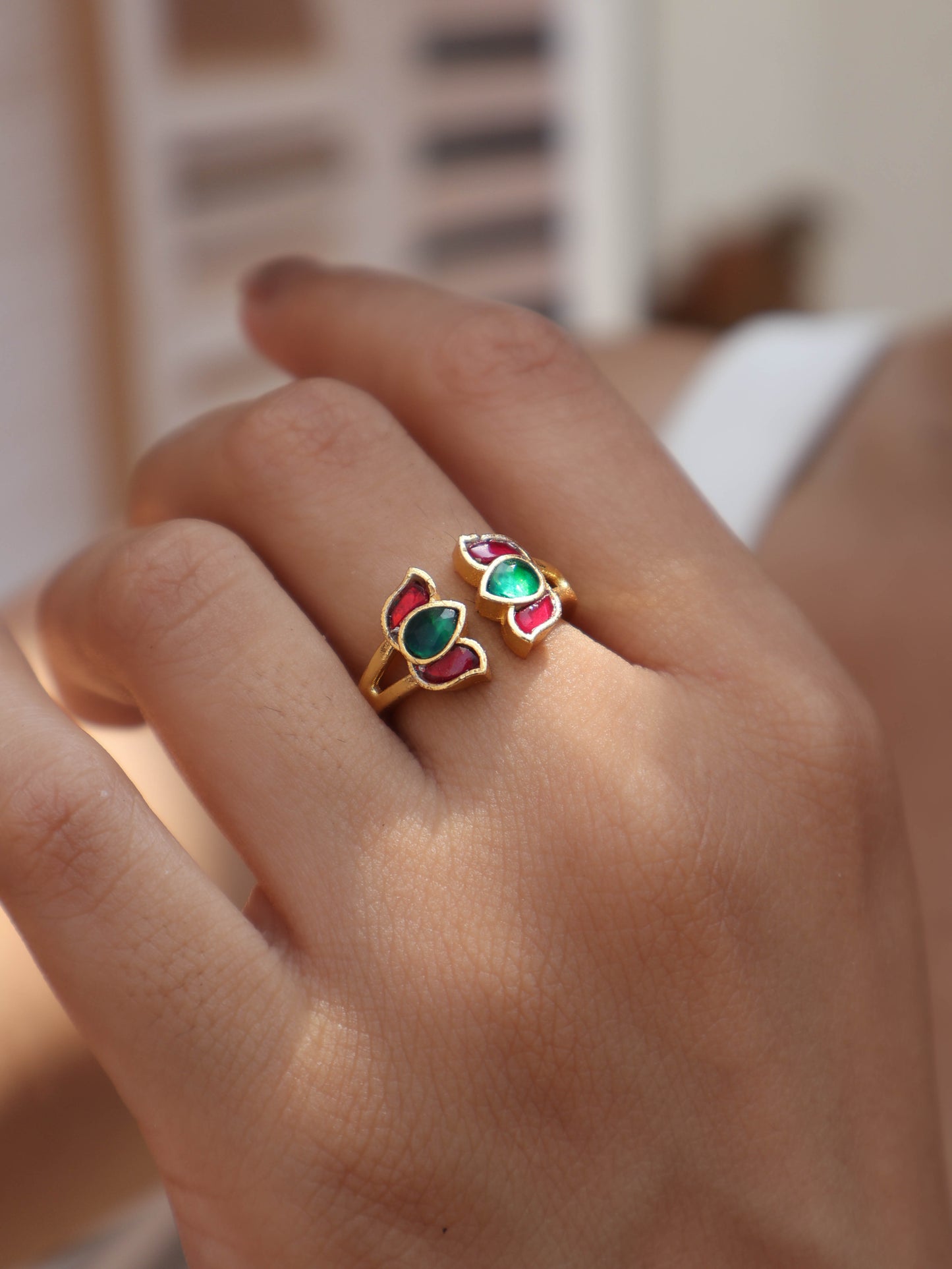 Pushp Green-Red Kundan Ring