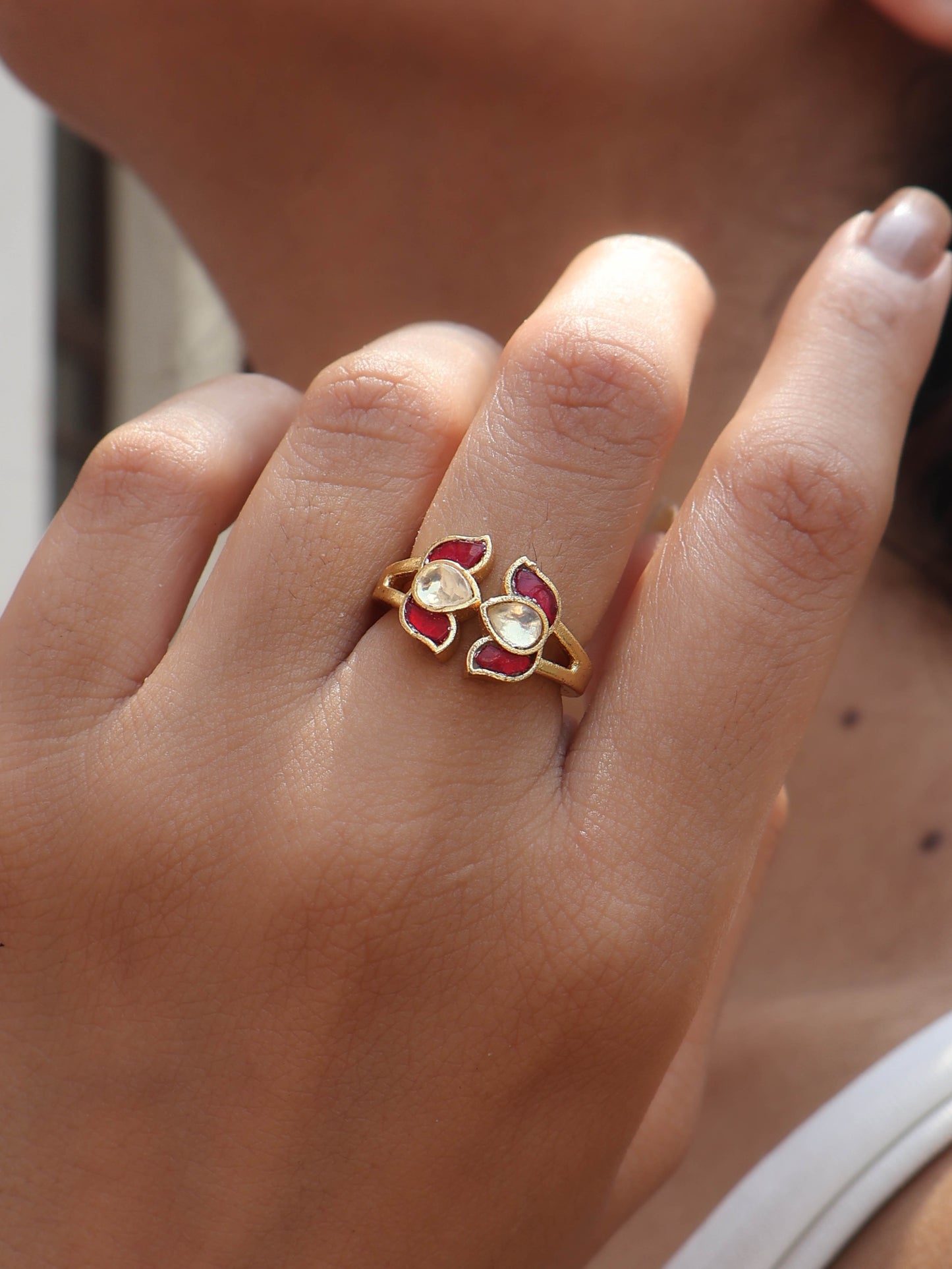 Pushp Red Kundan Ring