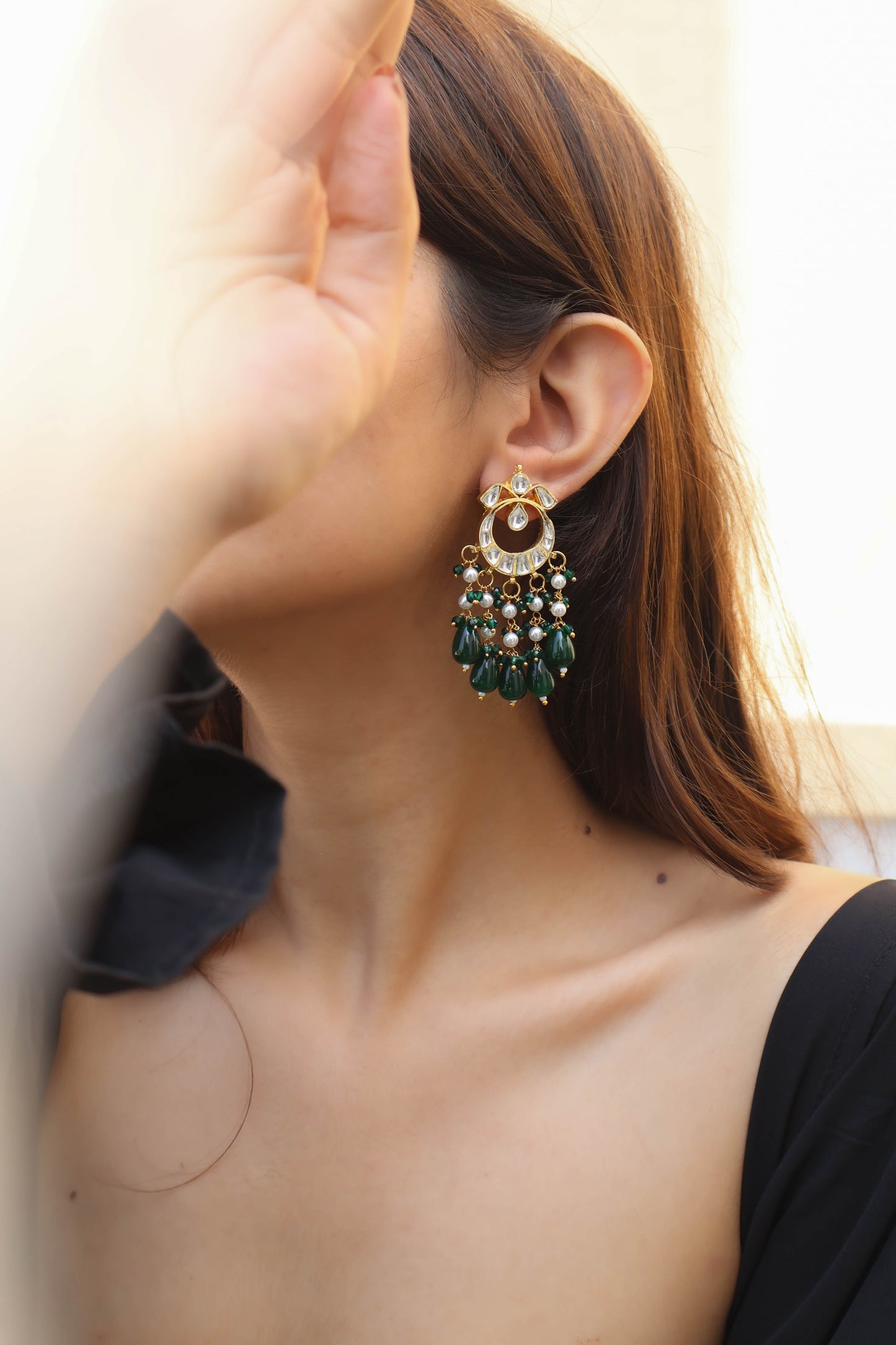Himanshi Green Kundan Chaandbaali Earrings